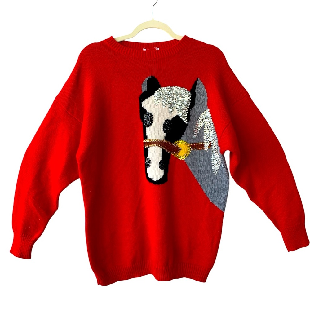 Horse Red Holiday Vintage Sweater with Sequins  Large